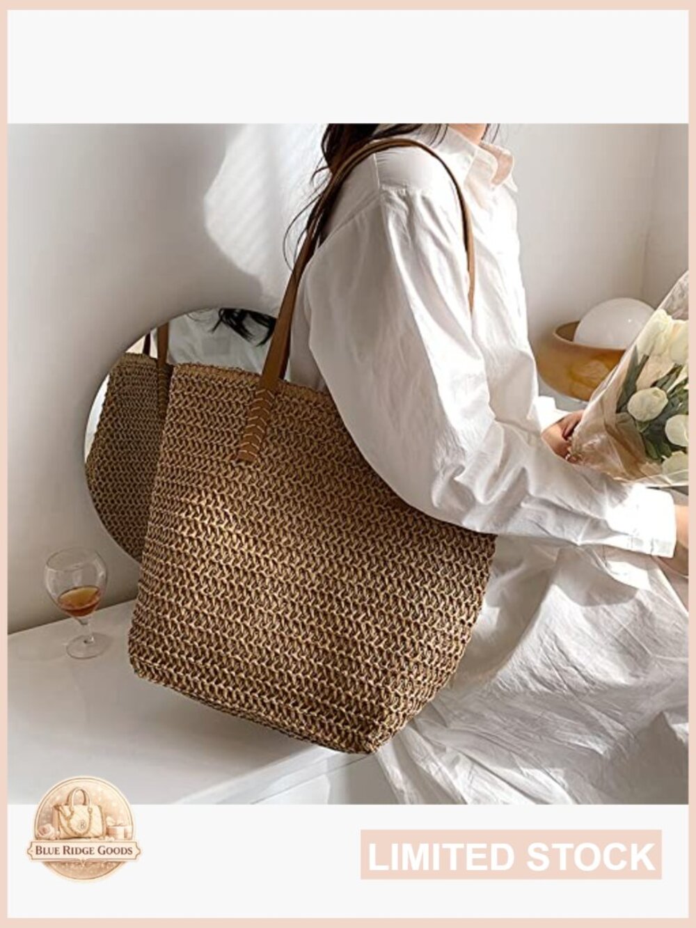 Straw Tote Bag Large Summer Beach Shoulder Bag with Zipper - Picture 3 of 7